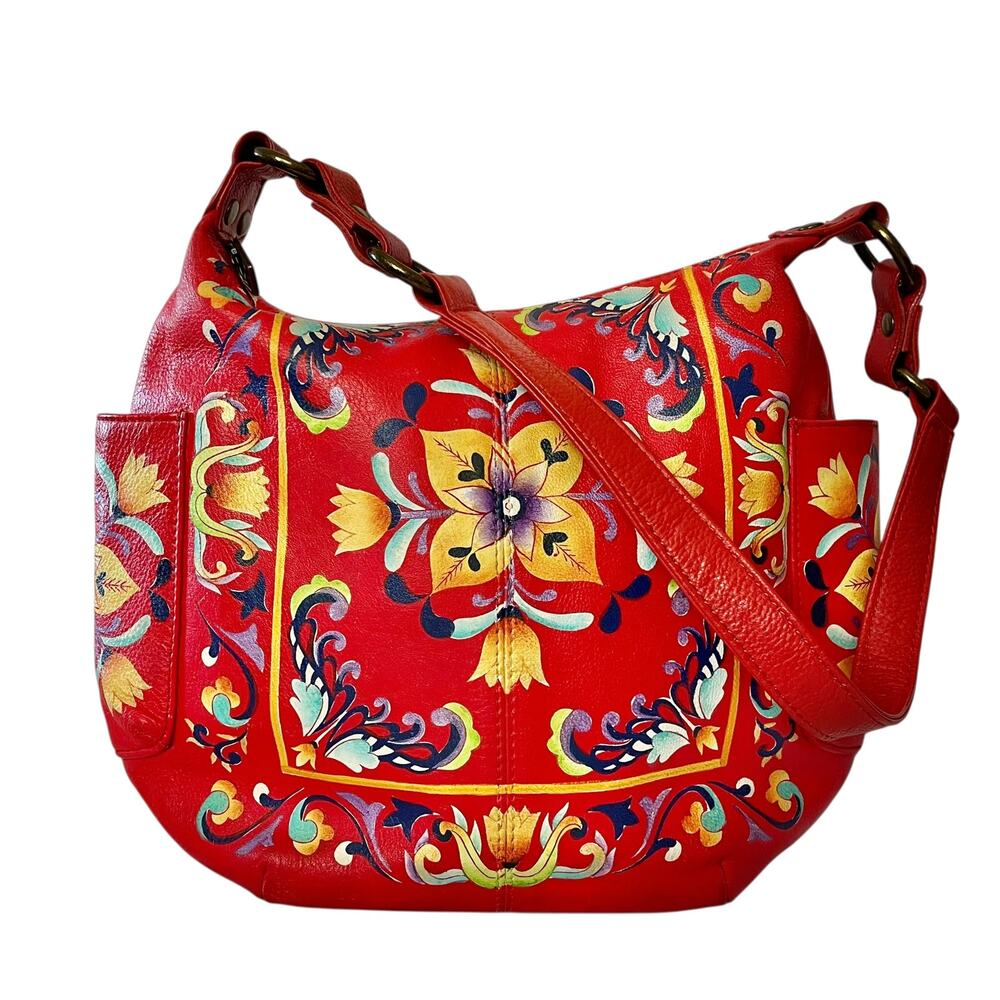 Anuschka Red Tuscan Tiles Hand-Painted Leather Hobo Shoulder Bag